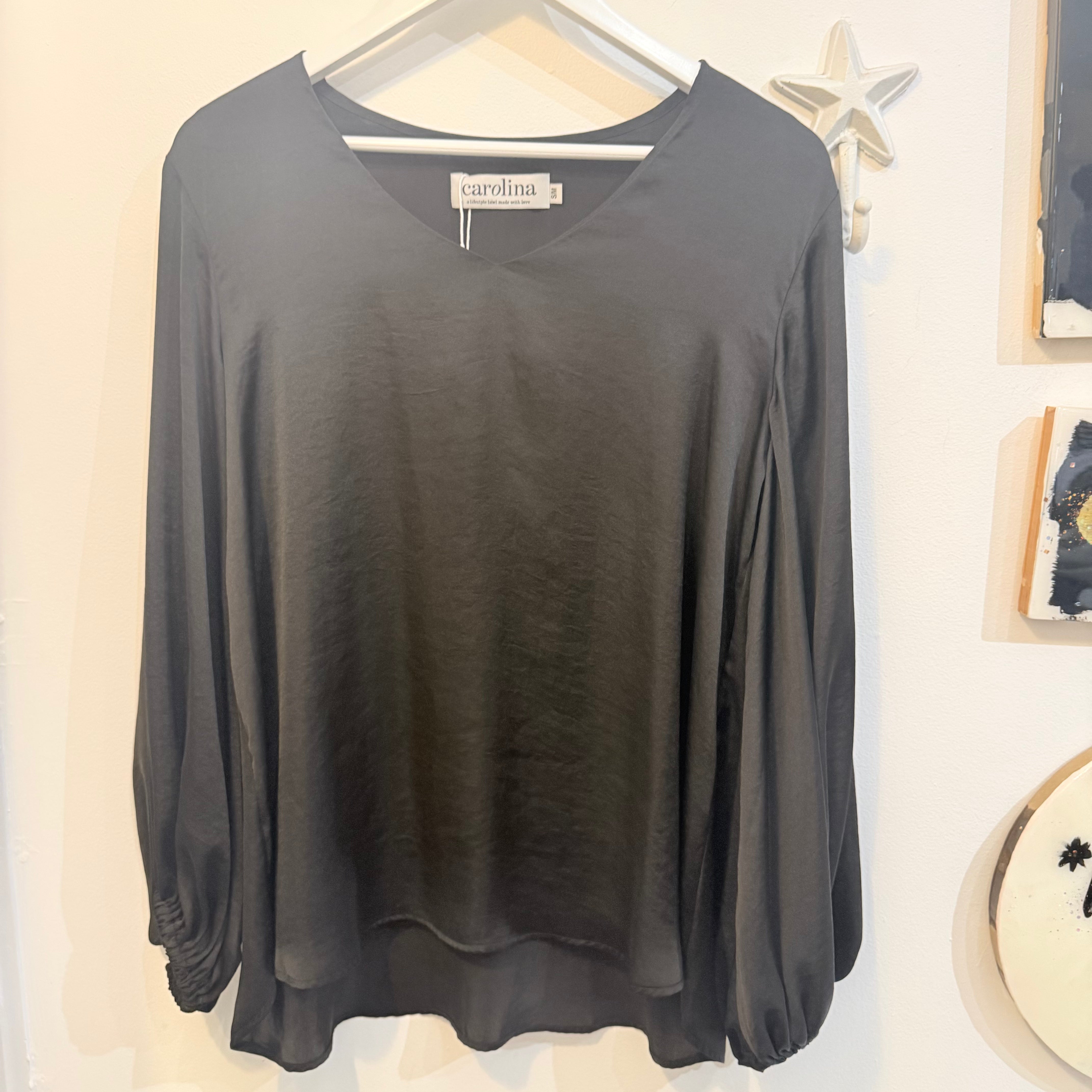 Black Long Sleeve Draped Top