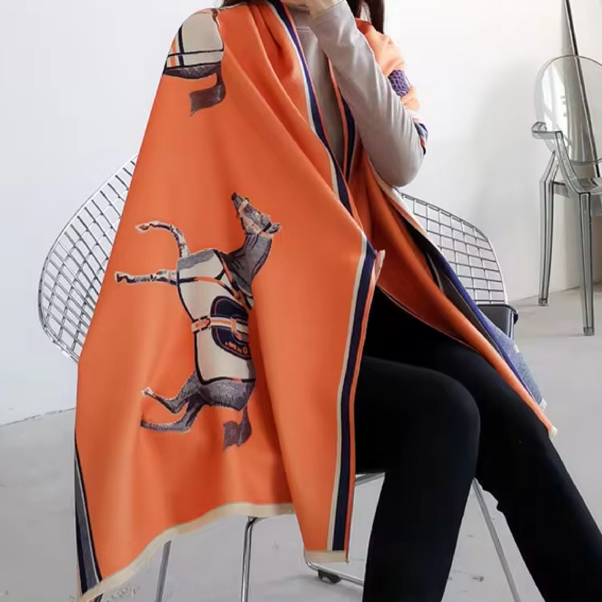 Jacquard Cashmere Pashmina Scarf in Orange/Navy by Mrs V – Versatile and Chic
