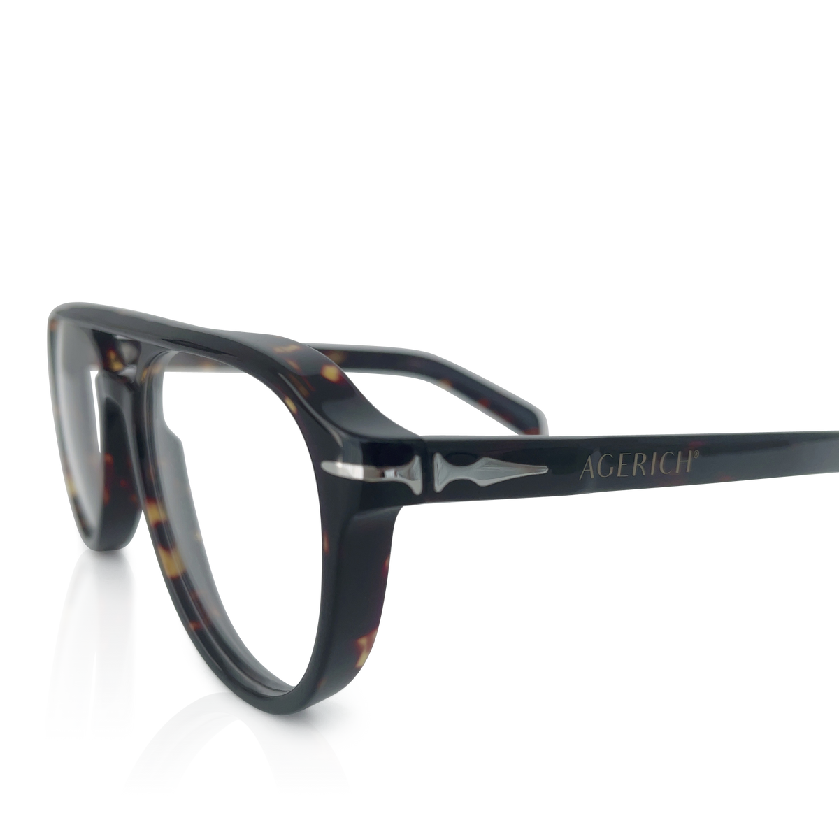 Close-Up of Mrs V Eyewear 'Anytime' - Detailed View of the Handmade Acetate Frame and Stainless Steel Hinges