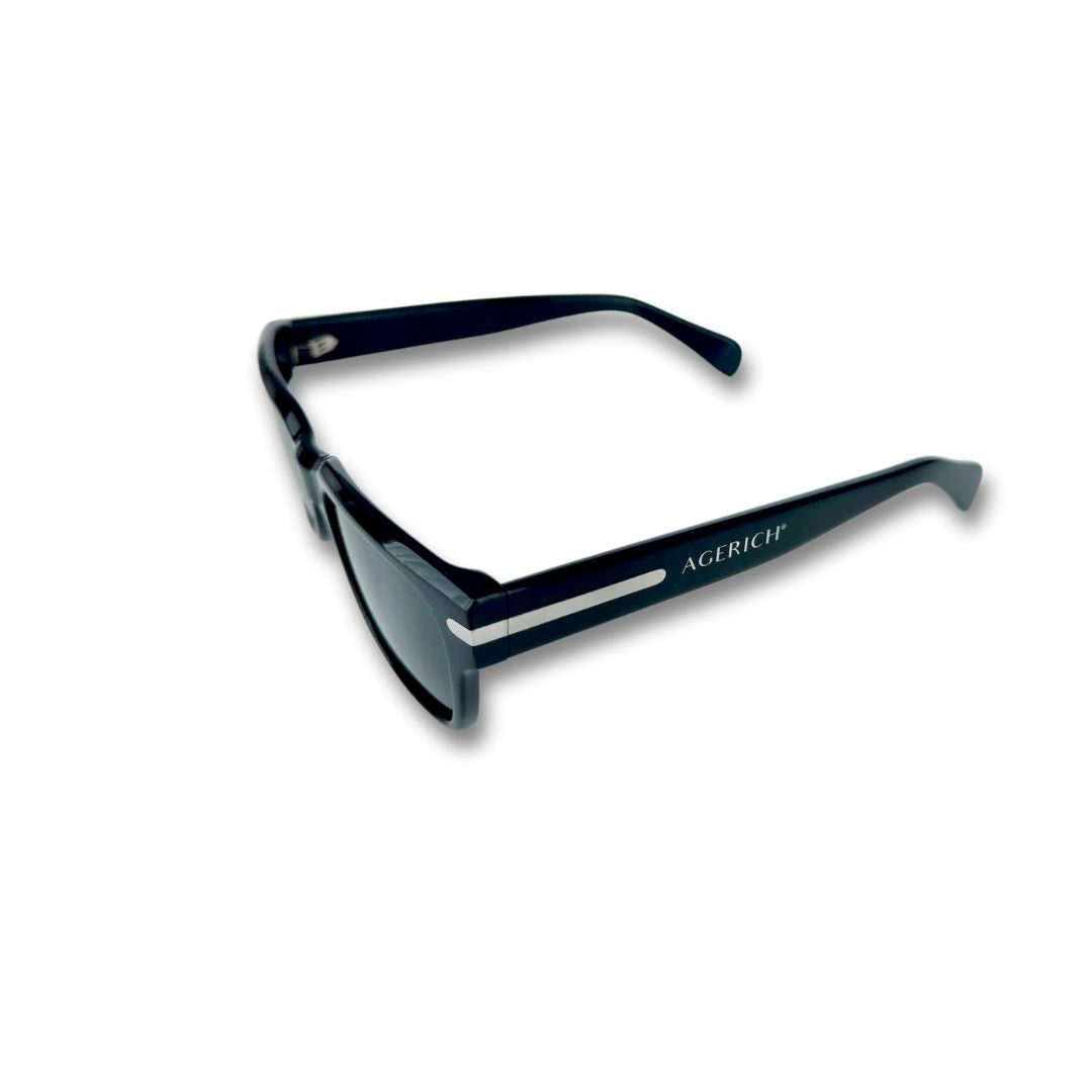 Close-Up of Mrs V Sunglasses 'Black Metal Tunes' - Detailed View of the Handmade Acetate Frame and Stainless Steel Strip