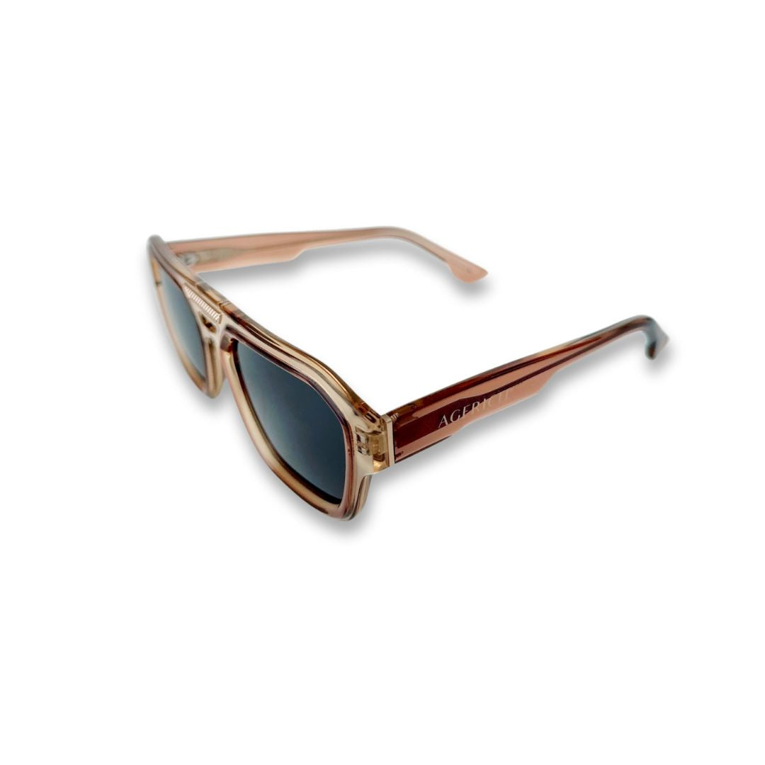 Close-Up of Mrs V Sunglasses 'Dusk Rider' - Detailed View of the Handmade Acetate Frame and Stainless Steel Hinges