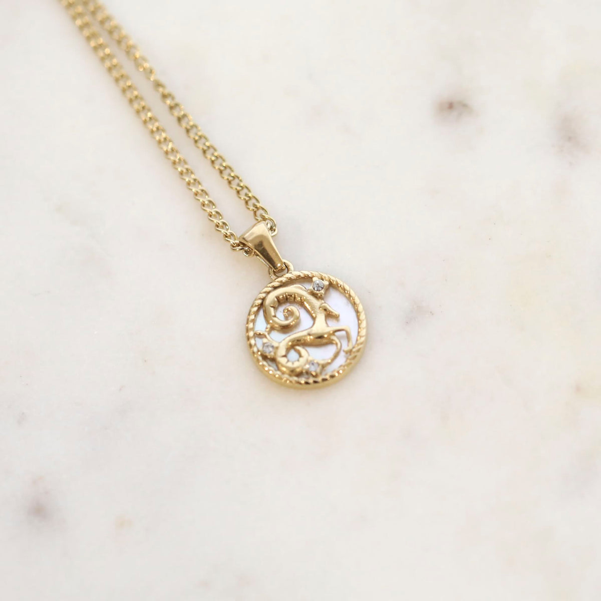 Capricorn Zodiac Mother of Pearl Necklace by Mrs V – Ambitious and Disciplined Symbol
