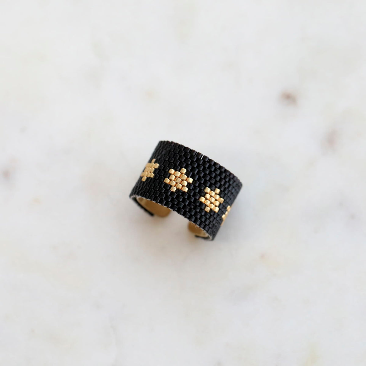 Beaded Black & 3 Stars Ring by Mrs V – Handmade 18K Gold Plated Jewellery