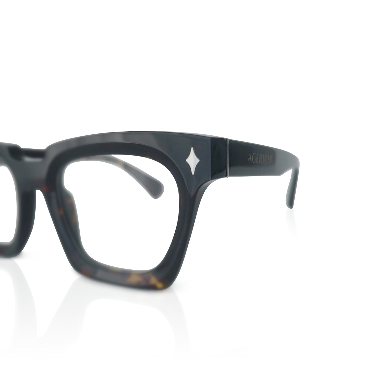 Close-Up of Mrs V Eyewear 'Diamond' - Detailed View of the Handmade Acetate Frame and Stainless Steel Hinges